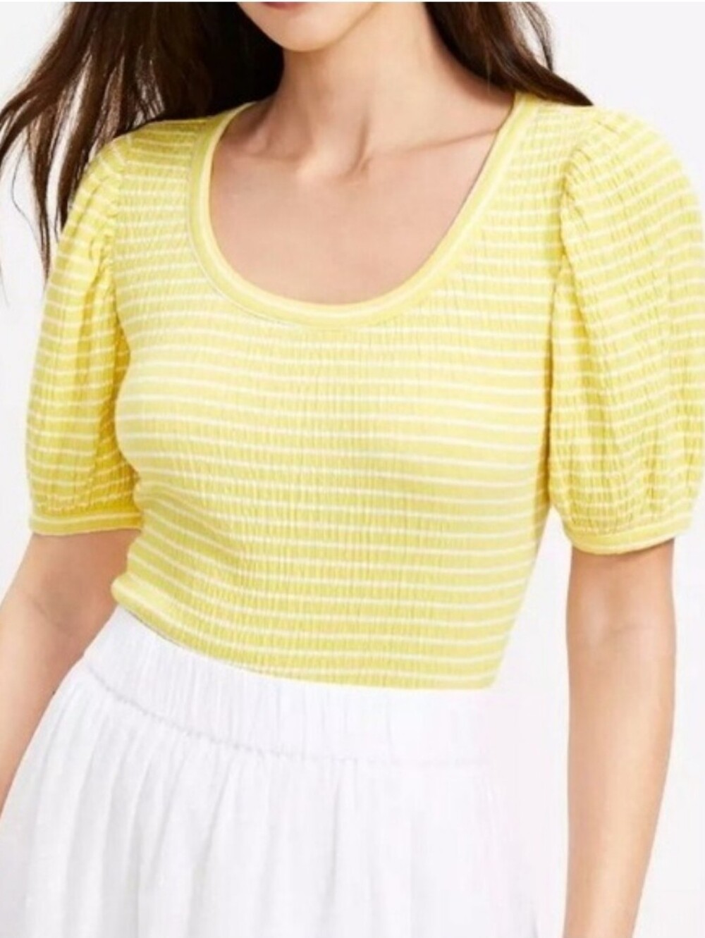 LOFT Yellow and White Striped Scoop Neck Tee XL LOFT Yellow and White Striped